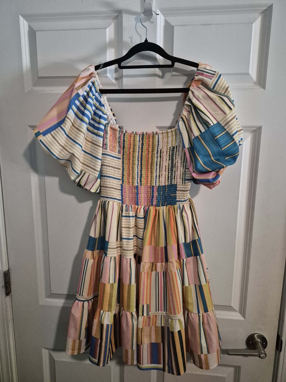 Entro Striped Puffy Sleeves Mini Dress Feminine Beach Multicolor- Small - Picture 3 of 6